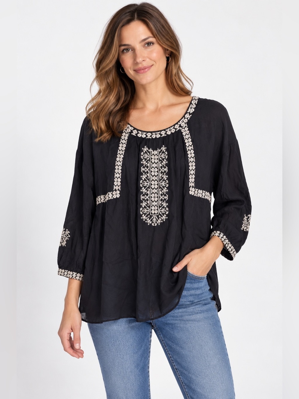 Lucky Brand Woman’s Medium Black Embroidered Peasant Blouse White/Ivory FLAW